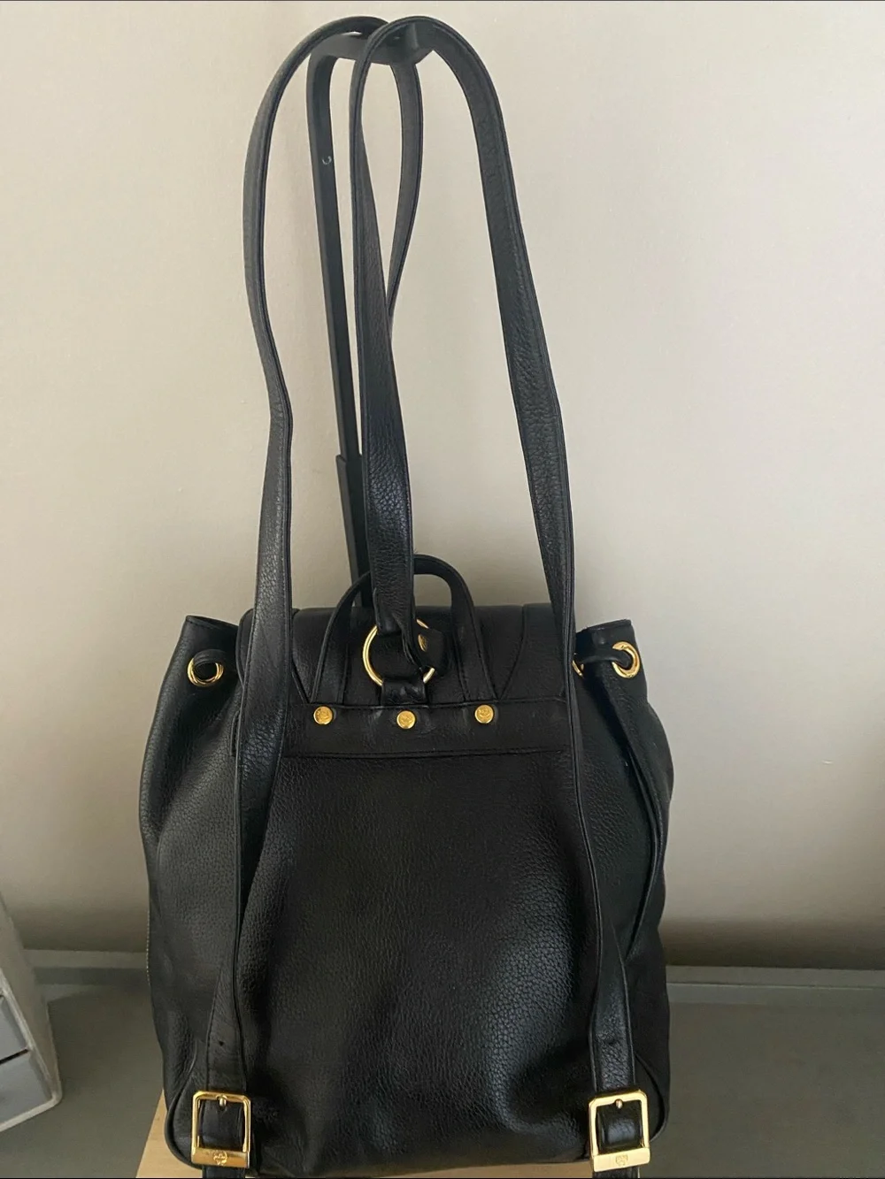 MCM Black Pebbled Leather Backpack with Gold Emblem Hardwarer